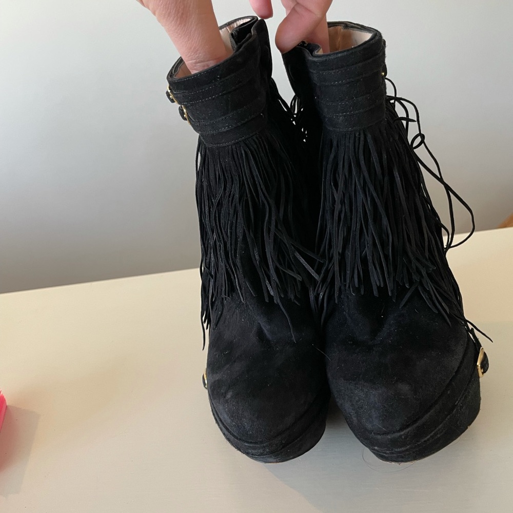 Nicholas Kirkwood Aubergine Fringe Platform Wedge Ankle Bootie - Picture 3 of 9